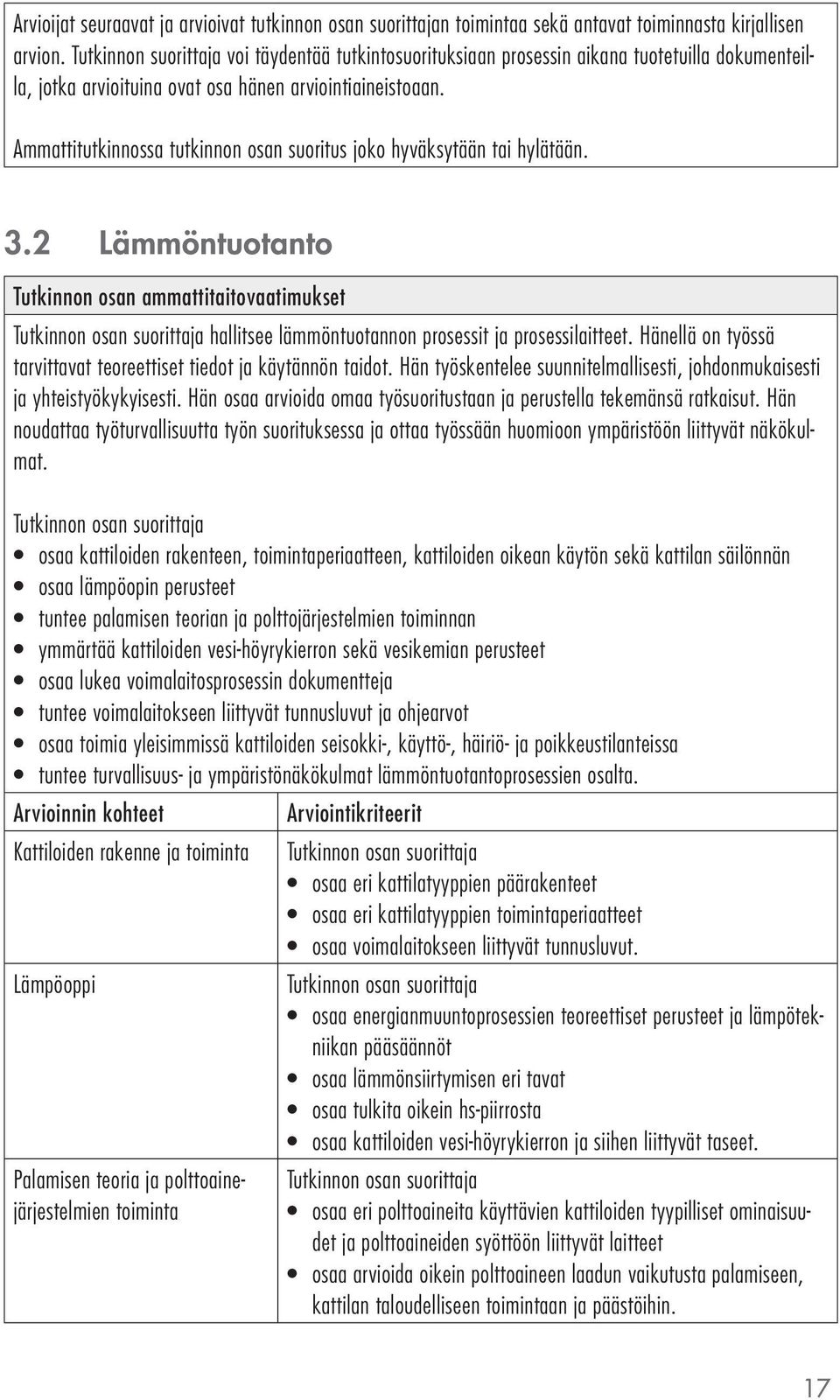 Ammattitutkinnossa tutkinnon osan suoritus joko hyväksytään tai hylätään. 3.2 Lämmöntuotanto Tutkinnon osan ammattitaitovaatimukset hallitsee lämmöntuotannon prosessit ja prosessilaitteet.