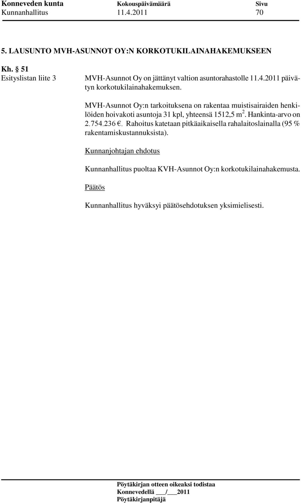 MVH-Asunnot Oy:n tarkoituksena on rakentaa muistisairaiden henkilöiden hoivakoti asuntoja 31 kpl, yhteensä 1512,5 m 2.