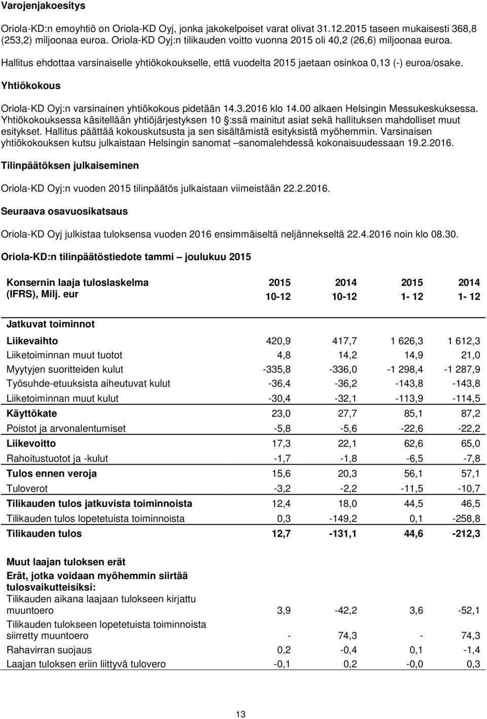 Yhtiökokous Oriola-KD Oyj:n varsinainen yhtiökokous pidetään 14.3.2016 klo 14.00 alkaen Helsingin Messukeskuksessa.