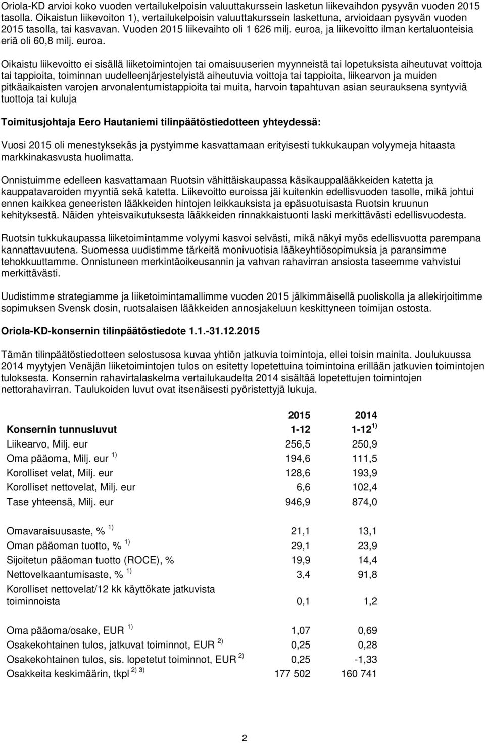 euroa, ja liikevoitto ilman kertaluonteisia eriä oli 60,8 milj. euroa.