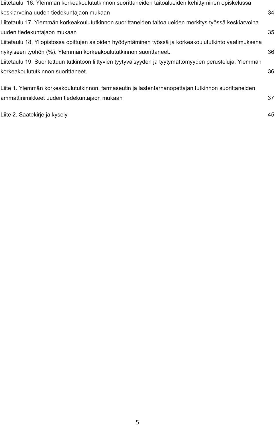 Yliopistossa opittujen asioiden hyödyntäminen työssä ja korkeakoulututkinto vaatimuksena nykyiseen työhön (%). Ylemmän korkeakoulututkinnon suorittaneet. 36 Liitetaulu 19.