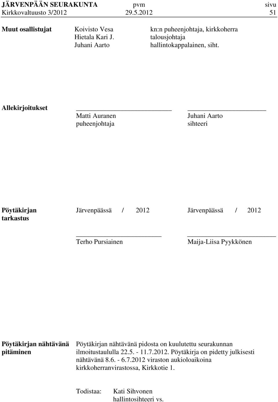 Allekirjoitukset Matti Auranen Juhani Aarto puheenjohtaja sihteeri Pöytäkirjan Järvenpäässä / 2012 Järvenpäässä / 2012 tarkastus Terho Pursiainen