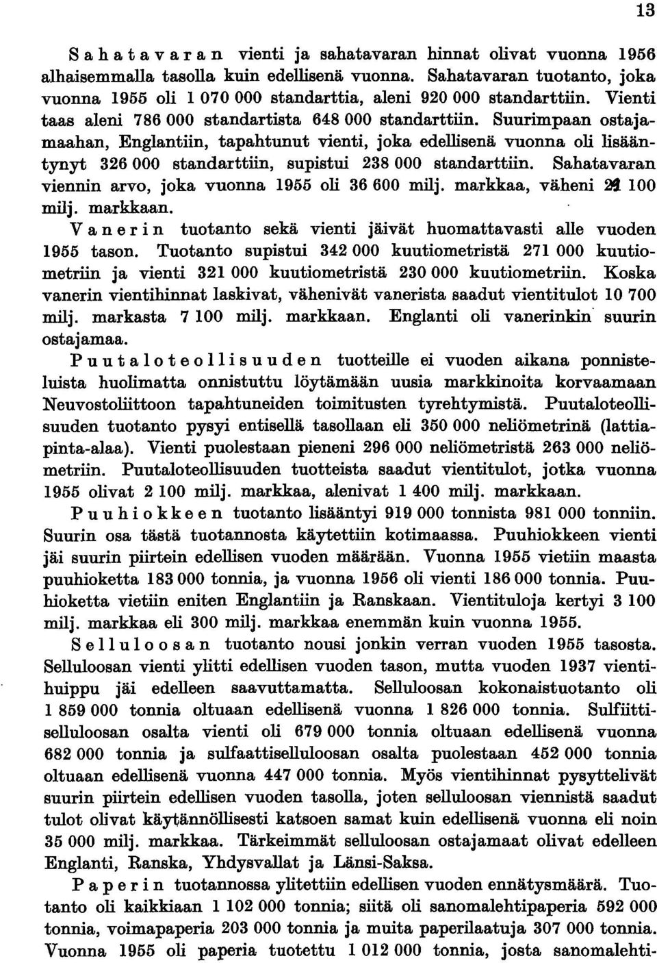 Suurimpaan ostajamaahan, Englantiin, tapahtunut vienti, joka edellisenä vuonna oli lisääntynyt 326000 standarttiin, supistui 238000 standarttiin.