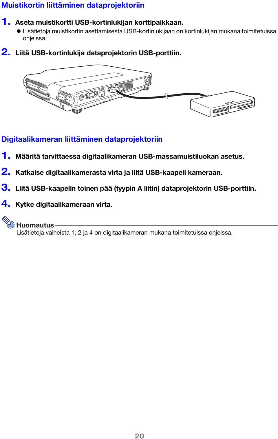 Digitaalikameran liittäminen dataprojektoriin 1. Määritä tarvittaessa digitaalikameran USB-massamuistiluokan asetus. 2.