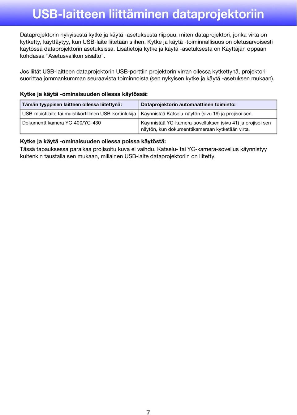 Jos liität USB-laitteen dataprojektorin USB-porttiin projektorin virran ollessa kytkettynä, projektori suorittaa jommankumman seuraavista toiminnoista (sen nykyisen kytke ja käytä -asetuksen mukaan).