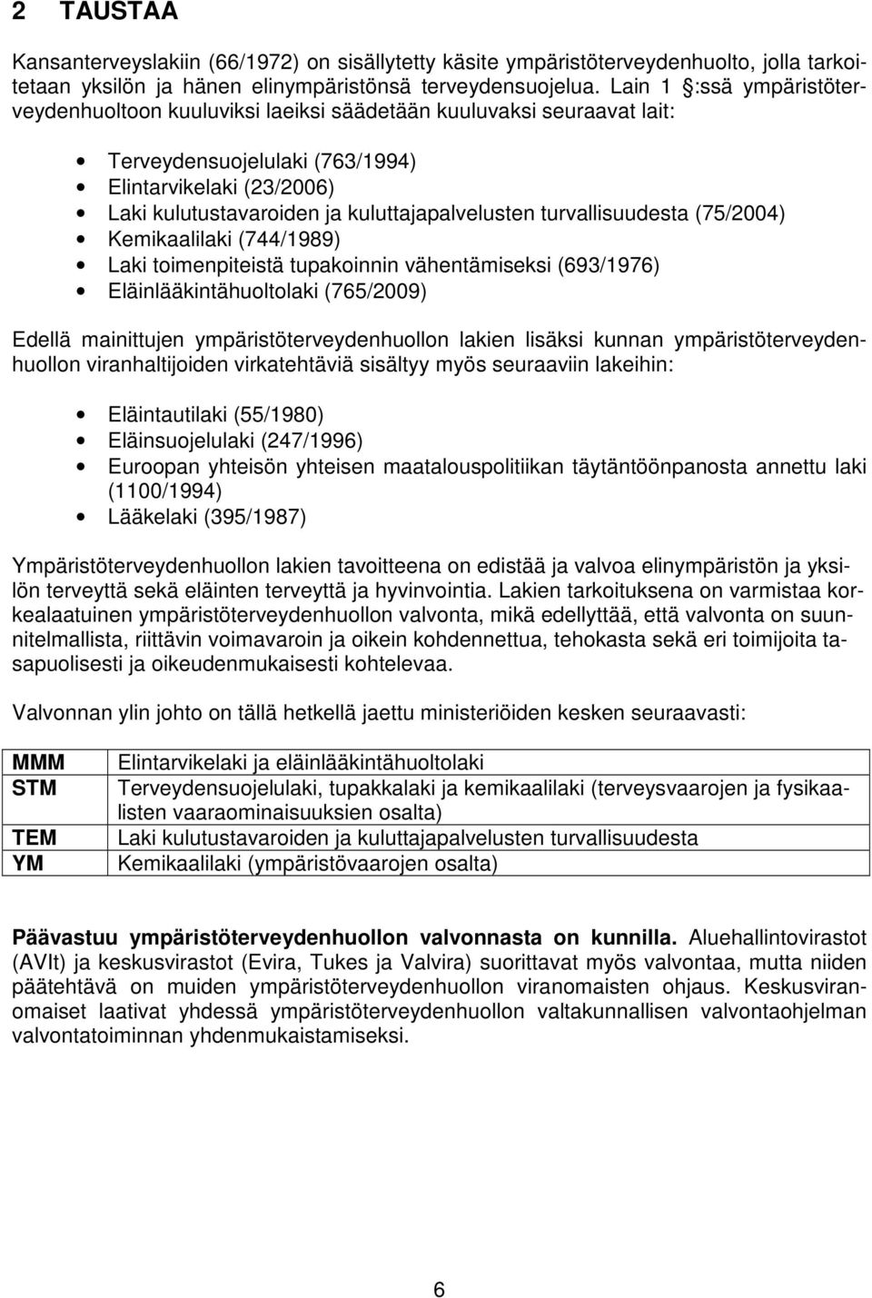 turvallisuudesta (75/2004) Kemikaalilaki (744/1989) Laki toimenpiteistä tupakoinnin vähentämiseksi (693/1976) Eläinlääkintähuoltolaki (765/2009) Edellä mainittujen ympäristöterveydenhuollon lakien