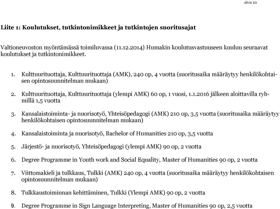 Kulttuurituottaja, Kulttuurituottaja (AMK), 240 op, 4 vuotta (suoritusaika määräytyy henkilökohtaisen opintosuunnitelman mukaan) 2. Kulttuurituottaja, Kulttuurituottaja (ylempi AMK) 60 op, 1 vuosi, 1.