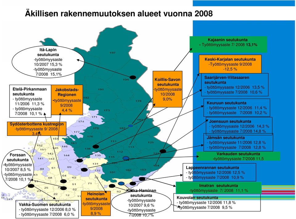 7/2008 10,7% Koillis-Savon 10/2008 9,0% Kajaanin - Työttömyysaste 7/ 2008 13,1% Keski-Karjalan -Työttömyysaste 9/2008-12,5 % Saarijärven-Viitasaaren - työttömyysaste 12/2006 13,5 % - työttömyysaste