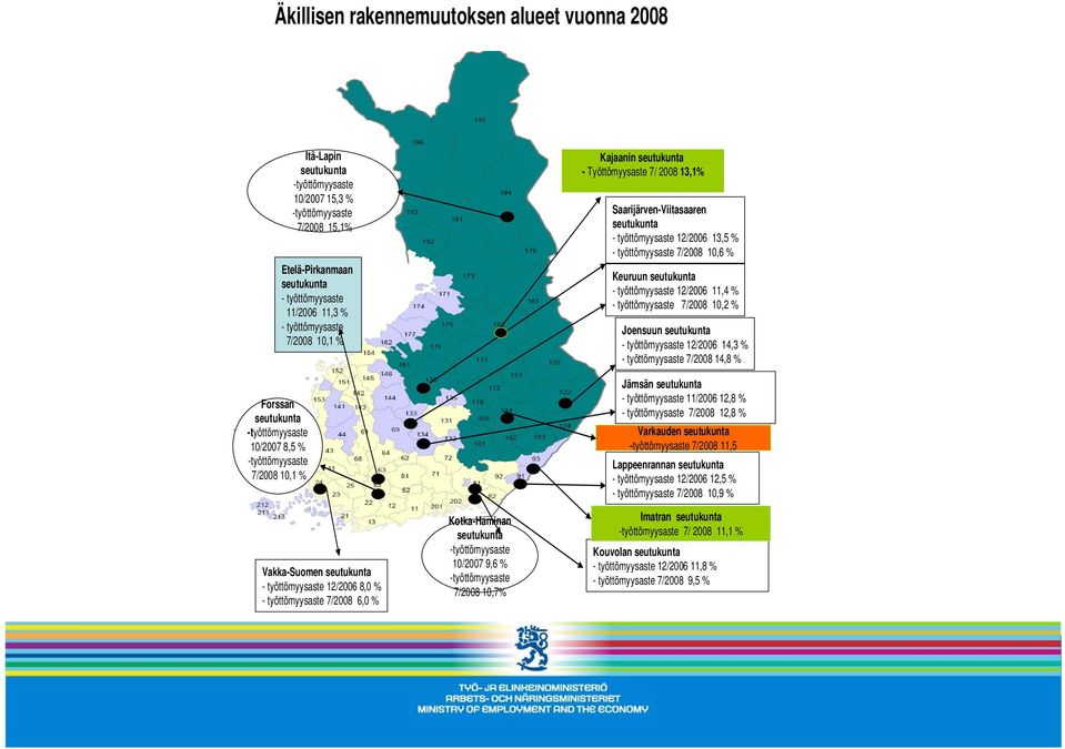 12/2006 13,5 % - työttömyysaste 7/2008 10,6 % Keuruun - työttömyysaste 12/2006 11,4 % - työttömyysaste 7/2008 10,2 % Joensuun - työttömyysaste 12/2006 14,3 % - työttömyysaste 7/2008 14,8 % Jämsän -