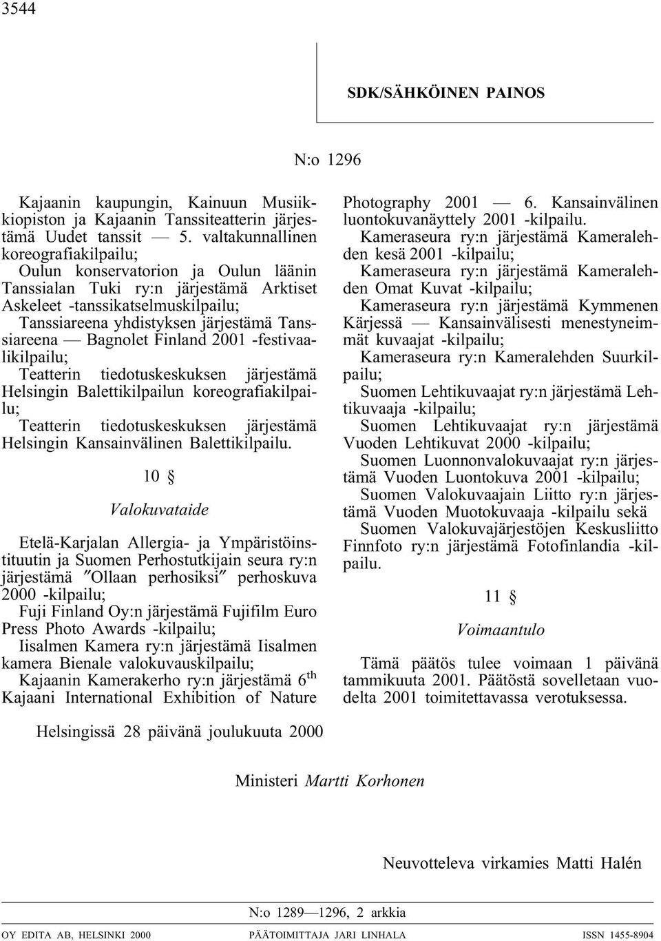 Bagnolet Finland 2001 -festivaalikilpailu; Teatterin tiedotuskeskuksen järjestämä Helsingin Balettikilpailun koreografiakilpailu; Teatterin tiedotuskeskuksen järjestämä Helsingin Kansainvälinen