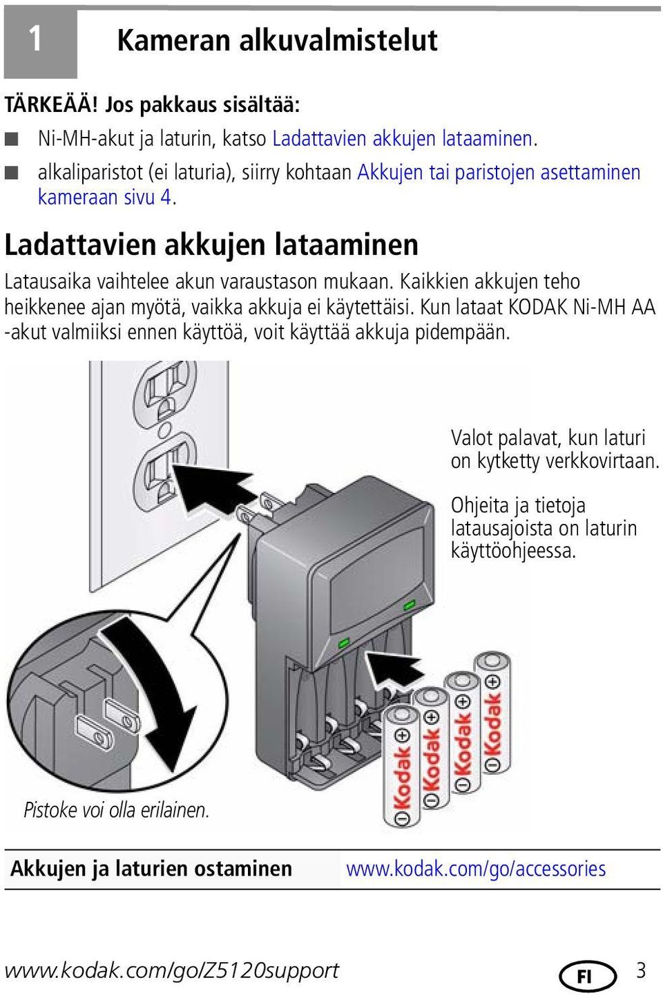 Kaikkien akkujen teho heikkenee ajan myötä, vaikka akkuja ei käytettäisi. Kun lataat KODAK Ni-MH AA -akut valmiiksi ennen käyttöä, voit käyttää akkuja pidempään.