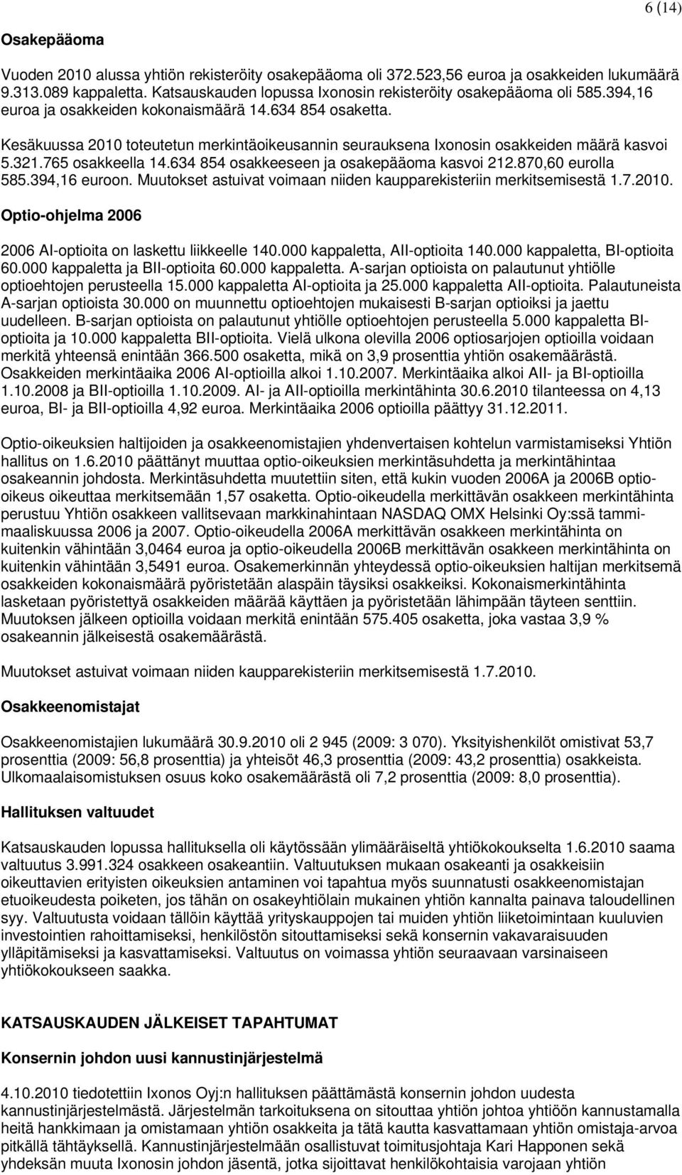 Kesäkuussa 2010 toteutetun merkintäoikeusannin seurauksena Ixonosin osakkeiden määrä kasvoi 5.321.765 osakkeella 14.634 854 osakkeeseen ja osakepääoma kasvoi 212.870,60 eurolla 585.394,16 euroon.