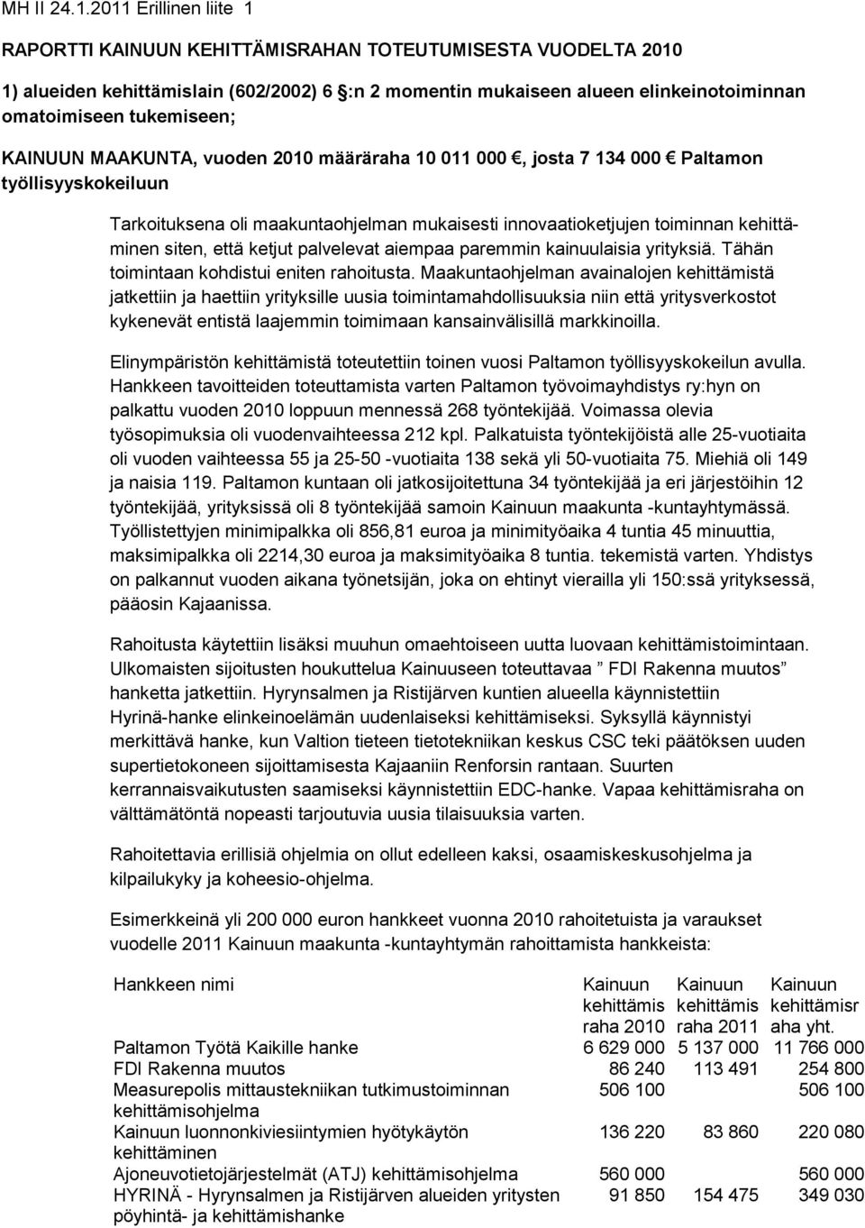 tukemiseen; KAINUUN MAAKUNTA, vuoden 2010 määräraha 10 011 000, josta 7 134 000 Paltamon työllisyyskokeiluun Tarkoituksena oli maakuntaohjelman mukaisesti innovaatioketjujen toiminnan kehittäminen