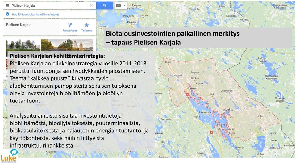 Analysoitu aineisto sisältää investointitietoja biohiiltämöstä, bioöljylaitoksesta, puuterminaalista, biokaasulaitoksesta ja hajautetun energian