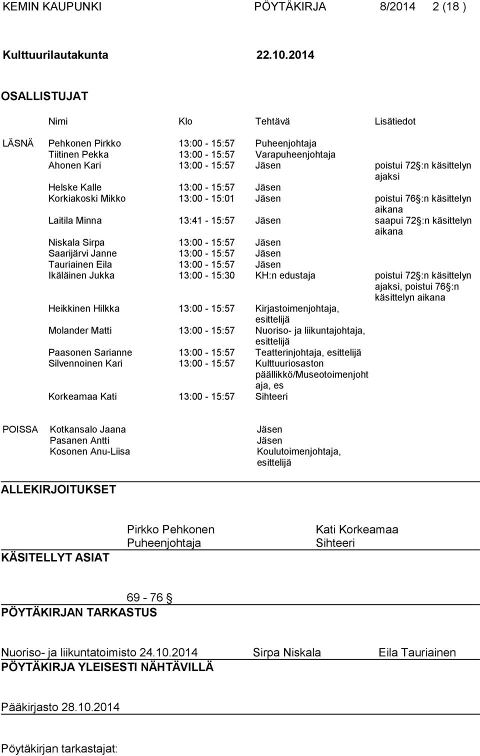 ajaksi Helske Kalle 13:00-15:57 Jäsen Korkiakoski Mikko 13:00-15:01 Jäsen poistui 76 :n käsittelyn aikana Laitila Minna 13:41-15:57 Jäsen saapui 72 :n käsittelyn aikana Niskala Sirpa 13:00-15:57