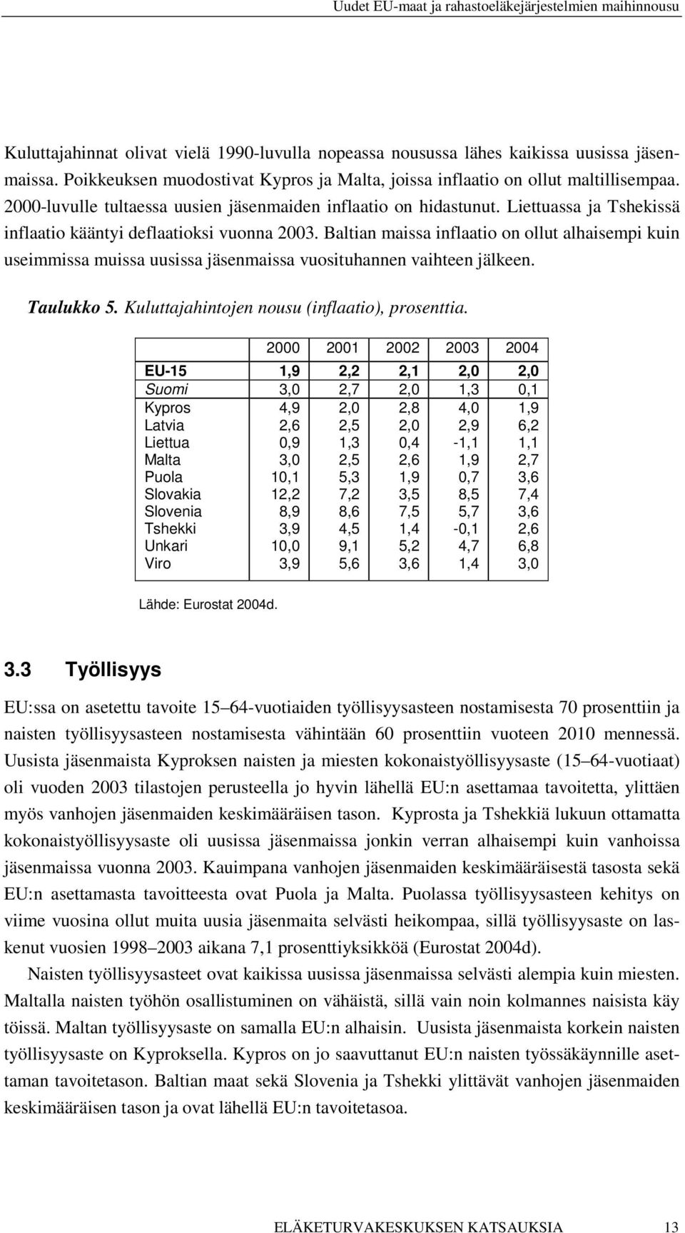 Baltian maissa inflaatio on ollut alhaisempi kuin useimmissa muissa uusissa jäsenmaissa vuosituhannen vaihteen jälkeen. Taulukko 5. Kuluttajahintojen nousu (inflaatio), prosenttia.