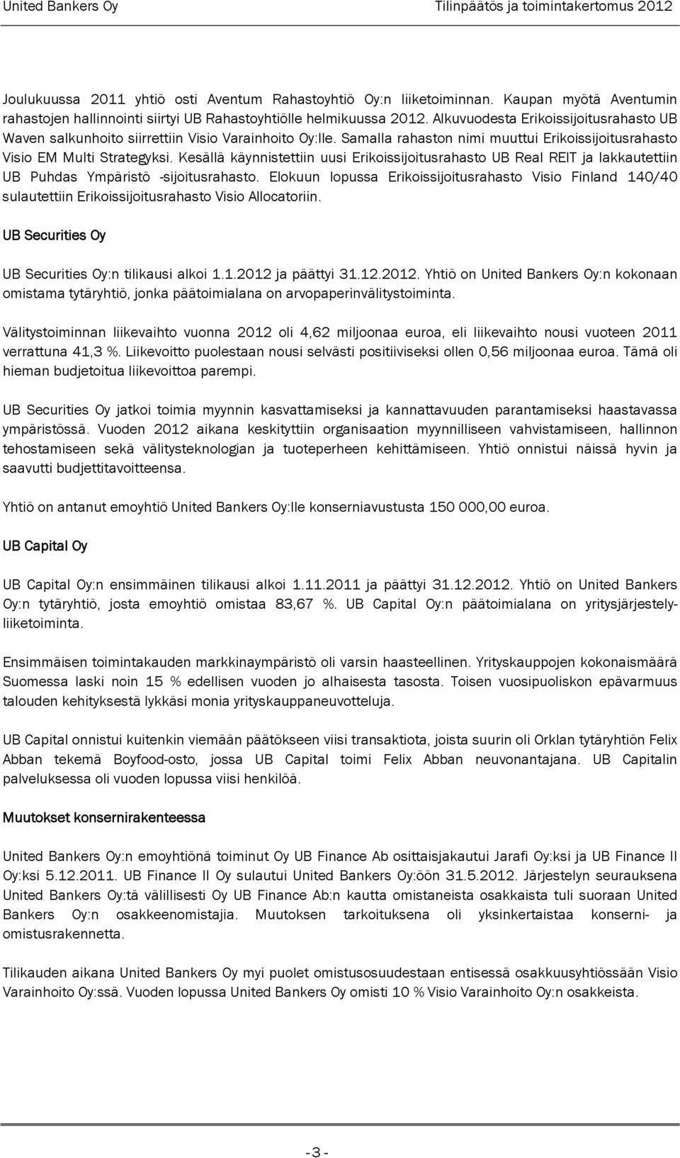 Samalla rahaston nimi muuttui Erikoissijoitusrahasto Visio EM Multi Strategyksi. Kesällä käynnistettiin uusi Erikoissijoitusrahasto UB Real REIT ja lakkautettiin UB Puhdas Ympäristö -sijoitusrahasto.