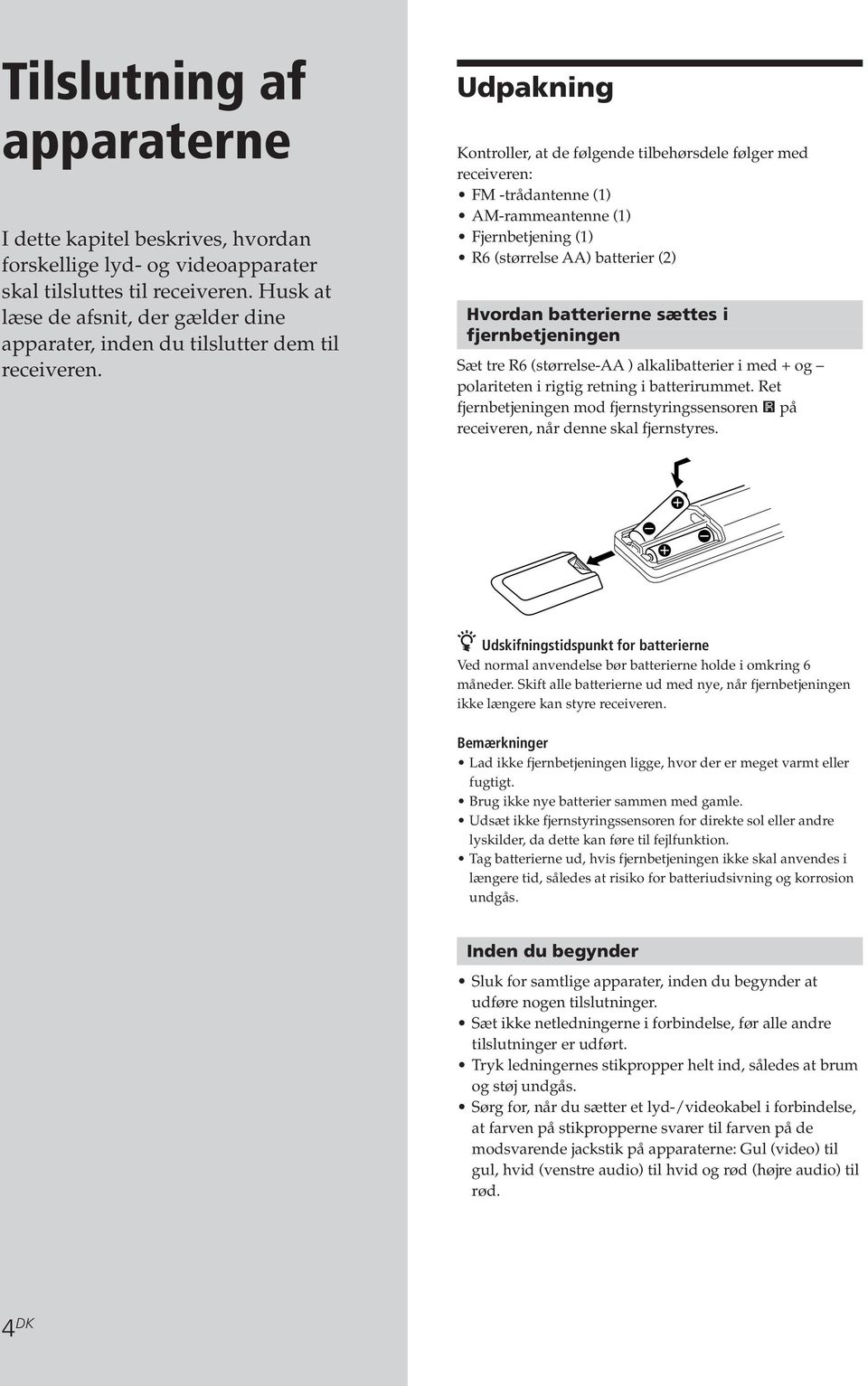 Udpakning Kontroller, at de følgende tilbehørsdele følger med receiveren: FM -trådantenne (1) AM-rammeantenne (1) Fjernbetjening (1) 6 (størrelse AA) batterier (2) Hvordan batterierne sættes i