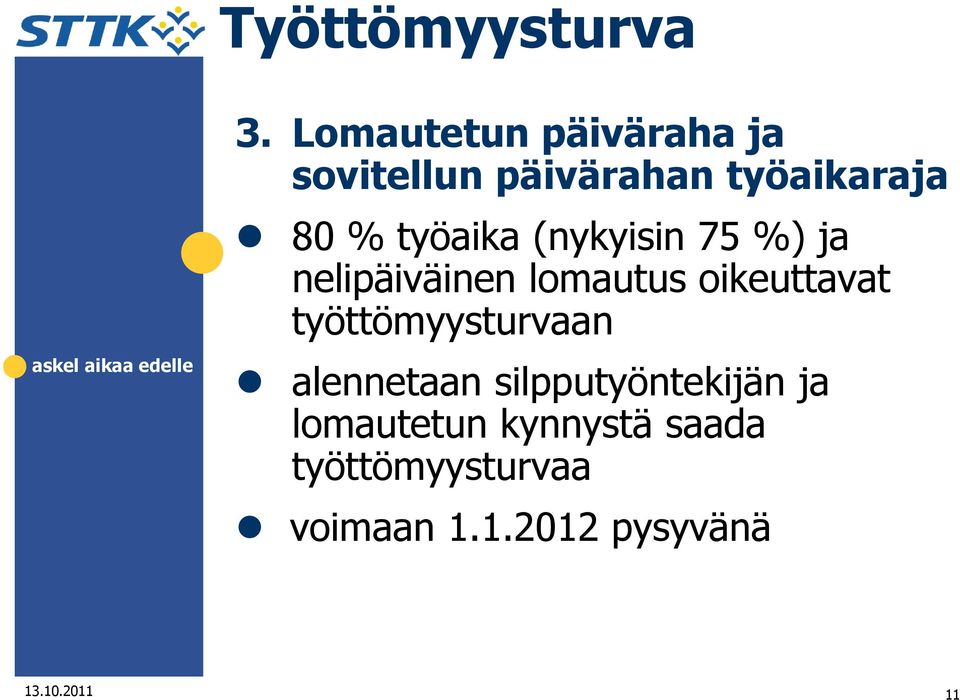 työaika (nykyisin 75 %) ja nelipäiväinen lomautus oikeuttavat