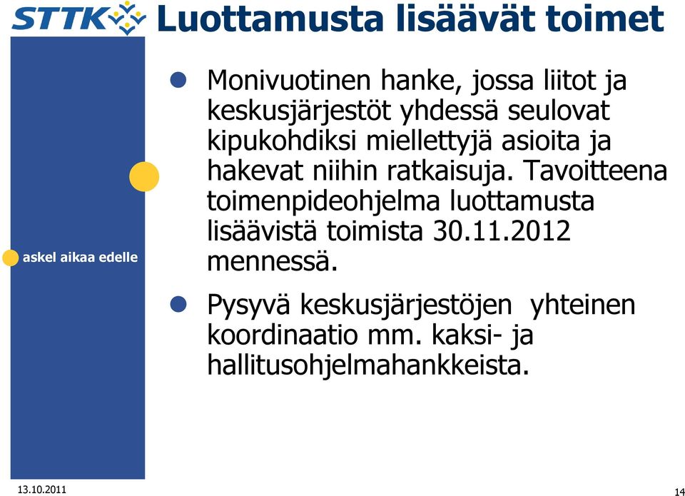 Tavoitteena toimenpideohjelma luottamusta lisäävistä toimista 30.11.2012 mennessä.