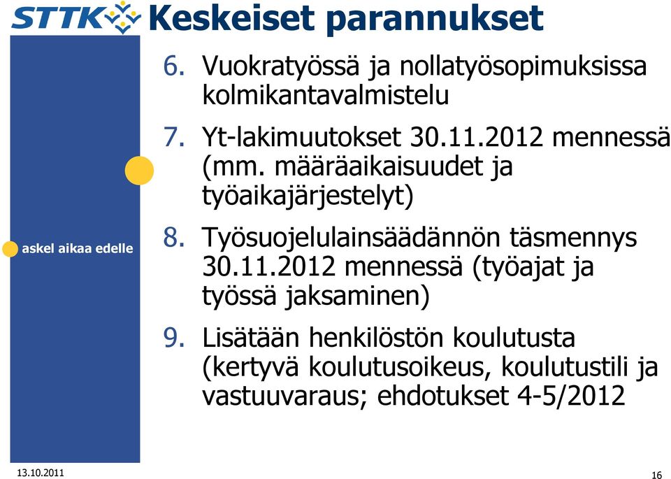 Työsuojelulainsäädännön täsmennys 30.11.2012 mennessä (työajat ja työssä jaksaminen) 9.