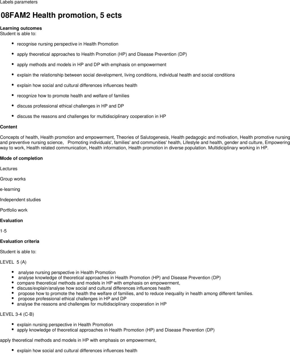 conditions explain how social and cultural differences influences health recognize how to promote health and welfare of families discuss professional ethical challenges in HP and DP discuss the