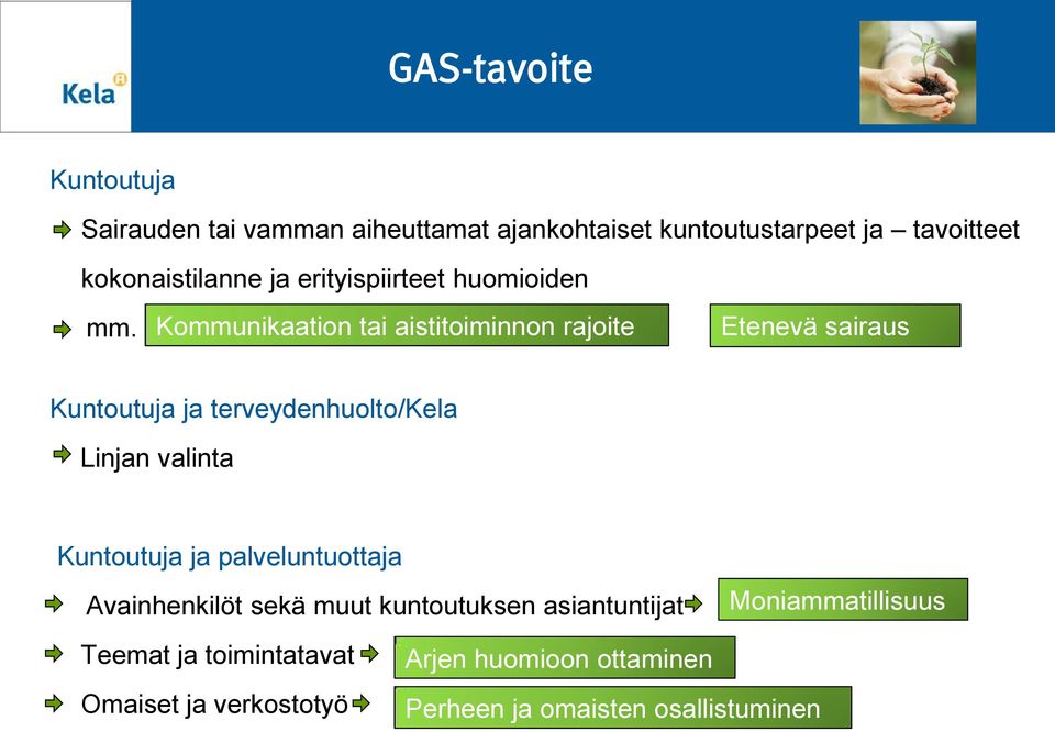 Kommunikaation tai aistitoiminnon rajoite Etenevä sairaus Kuntoutuja ja terveydenhuolto/kela Linjan valinta