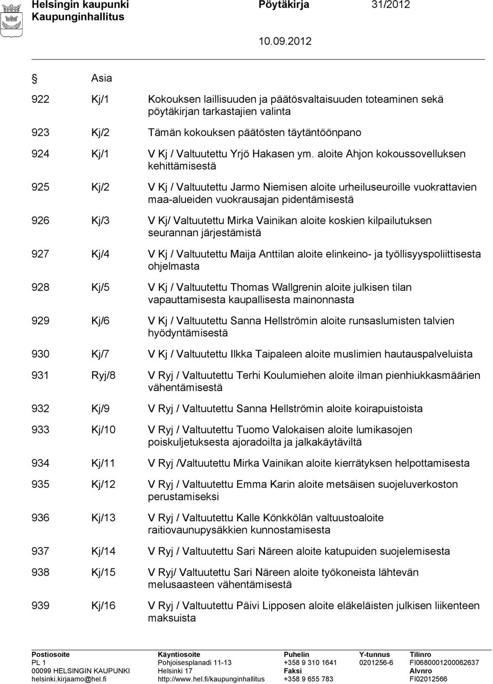 aloite Ahjon kokoussovelluksen kehittämisestä 925 Kj/2 V Kj / Valtuutettu Jarmo Niemisen aloite urheiluseuroille vuokrattavien maa-alueiden vuokrausajan pidentämisestä 926 Kj/3 V Kj/ Valtuutettu