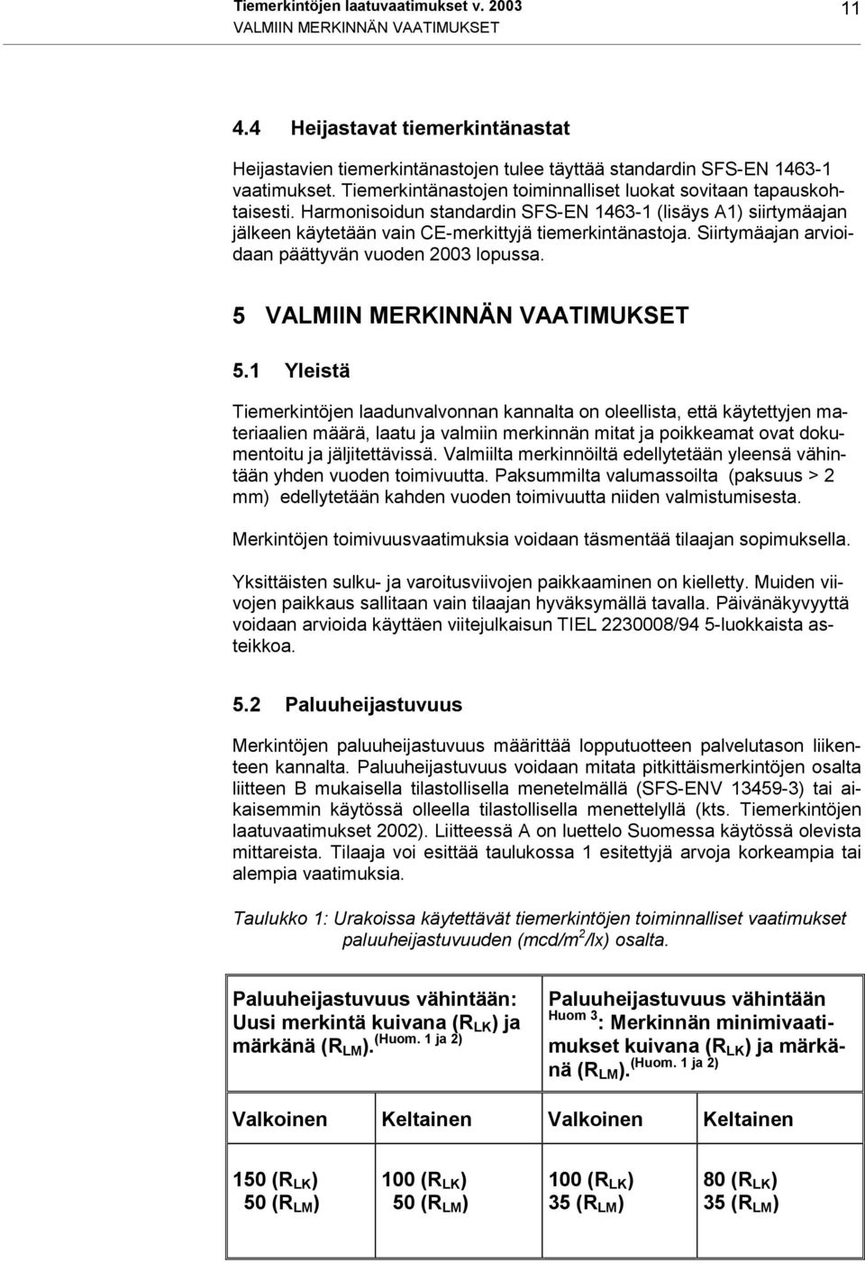 Siirtymäajan arvioidaan päättyvän vuoden 2003 lopussa. 5 VALMIIN MERKINNÄN VAATIMUKSET 5.