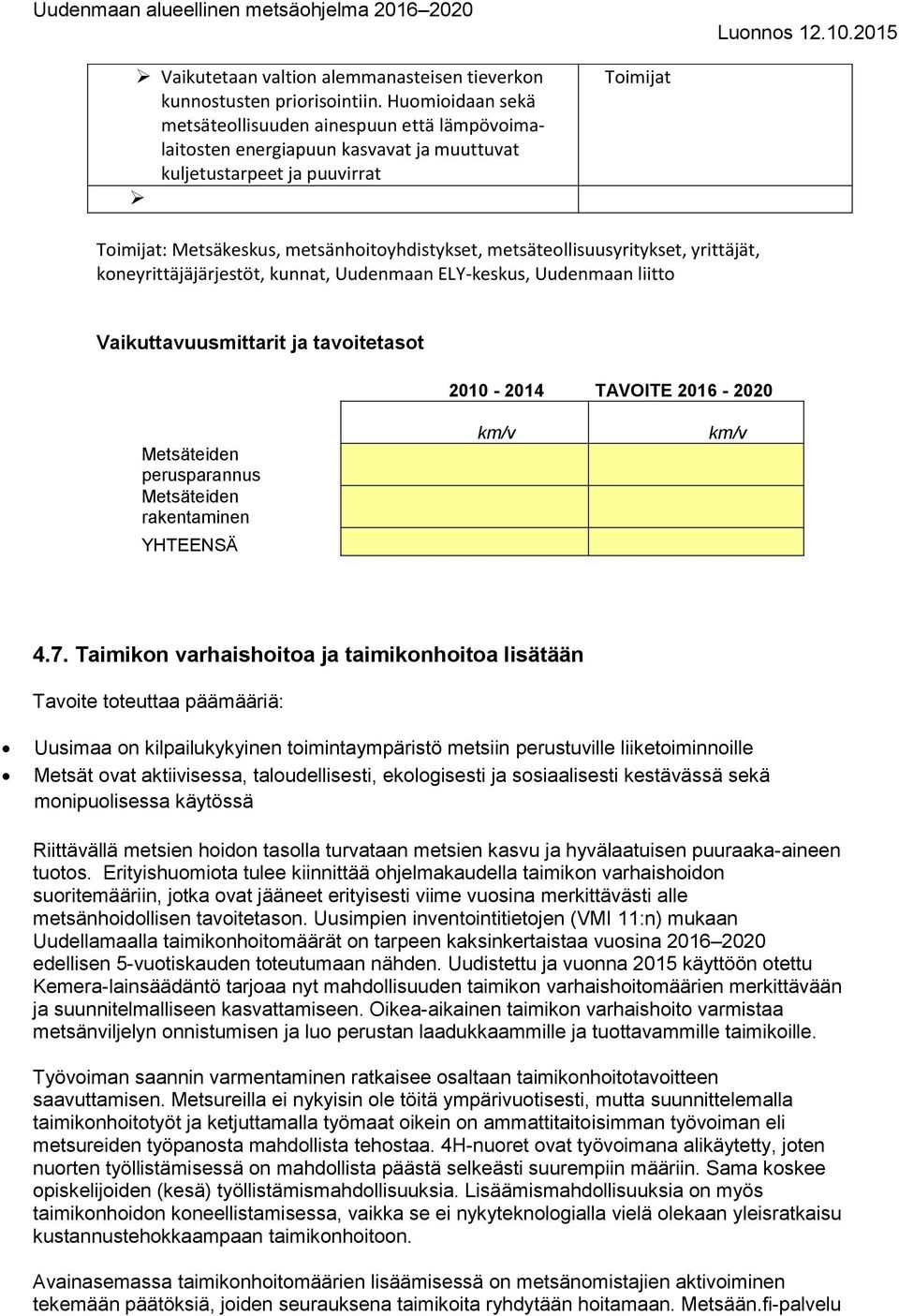 yrittäjät, koneyrittäjäjärjestöt, kunnat, Uudenmaan ELY-keskus, Uudenmaan liitto Vaikuttavuusmittarit ja tavoitetasot 2010-2014 TAVOITE 2016-2020 Metsäteiden perusparannus Metsäteiden rakentaminen