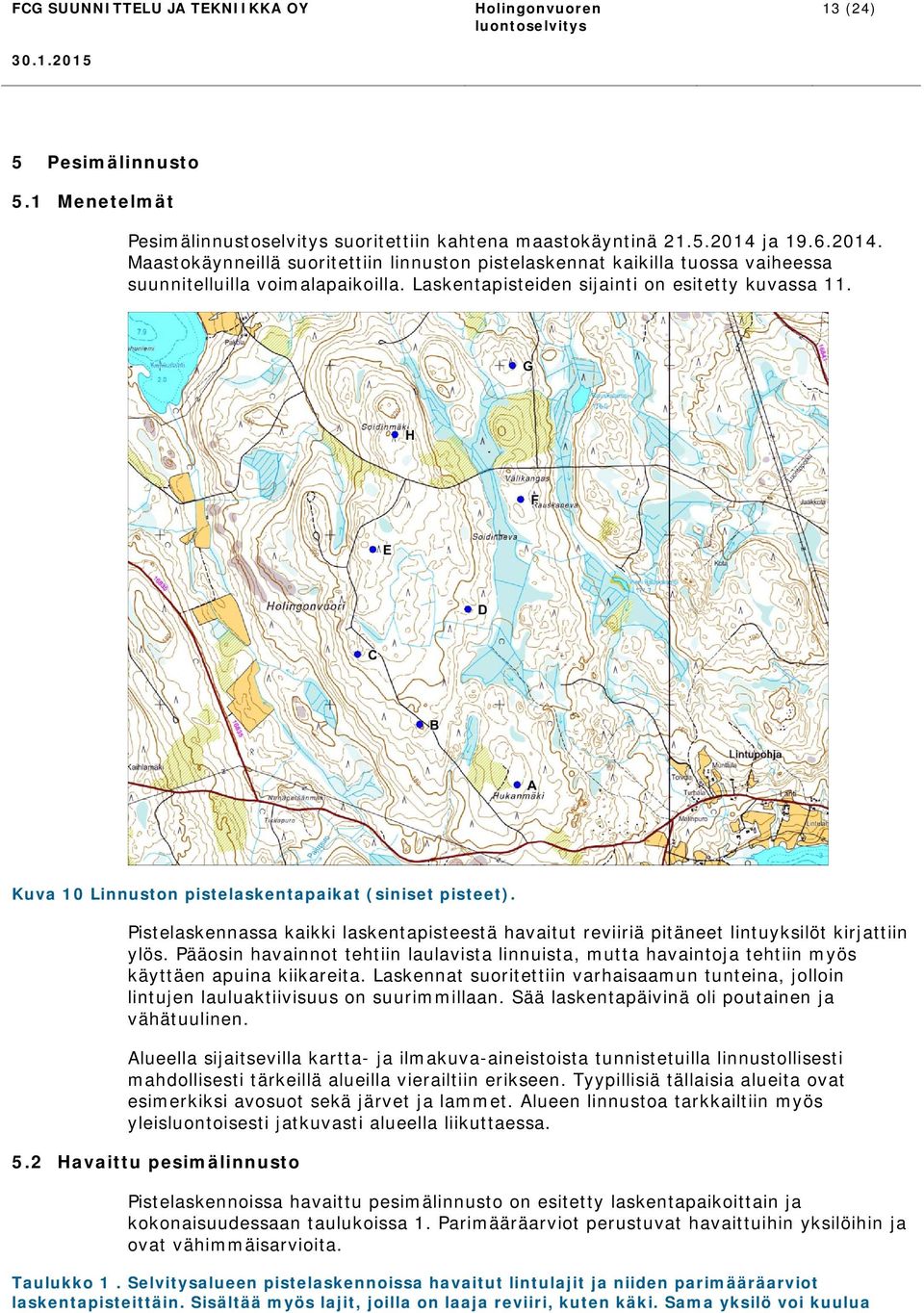 Kuva 10 Linnuston pistelaskentapaikat (siniset pisteet). Pistelaskennassa kaikki laskentapisteestä havaitut reviiriä pitäneet lintuyksilöt kirjattiin ylös.