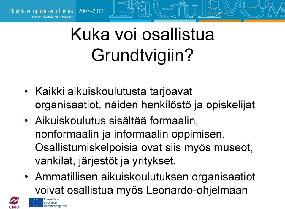 Aikuiskoulutus sisältää formaalin, nonformaalin ja informaalin oppimisen.