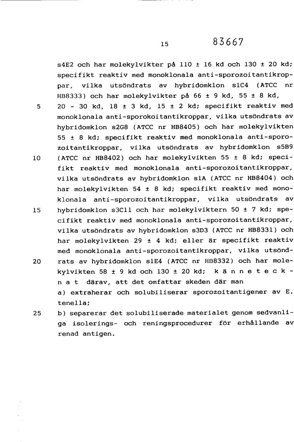 molekylvikten 55 ± 8 kd; specifikt reaktiv med monoklonala anti-sporozoitantikroppar, vilka utsöndrats av hybridomklon s5b9 10 (ATCC nr HB8402) och har molekylvikten 55 ± 8 kd; specifikt reaktiv med