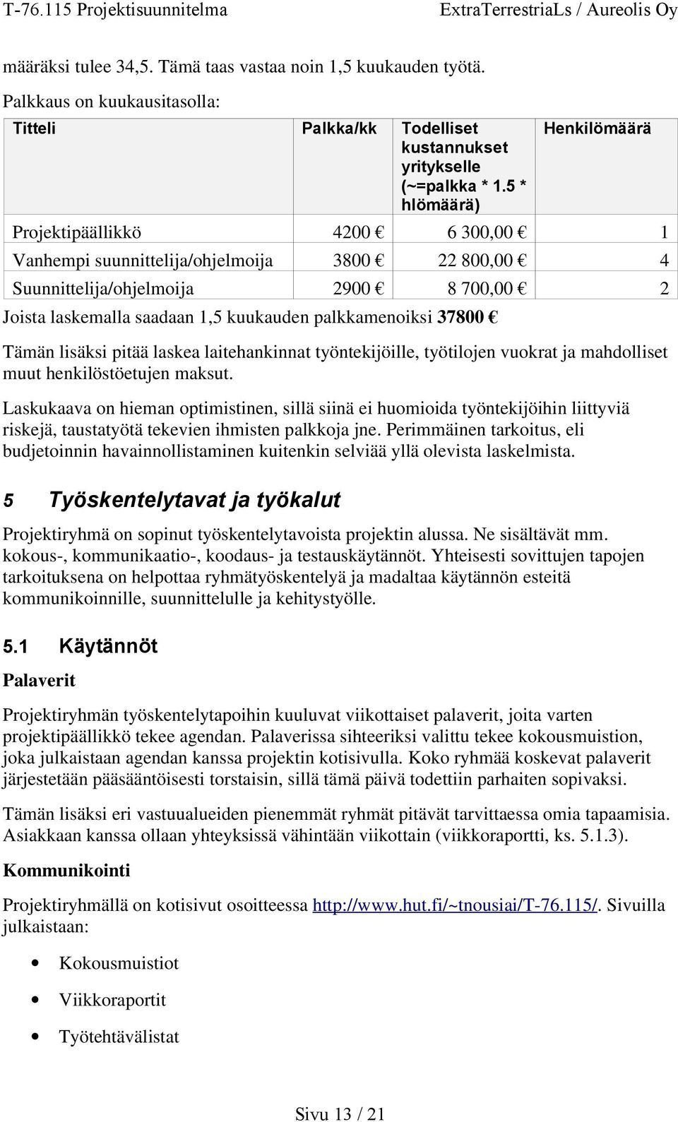 palkkamenoiksi 37800 Tämän lisäksi pitää laskea laitehankinnat työntekijöille, työtilojen vuokrat ja mahdolliset muut henkilöstöetujen maksut.