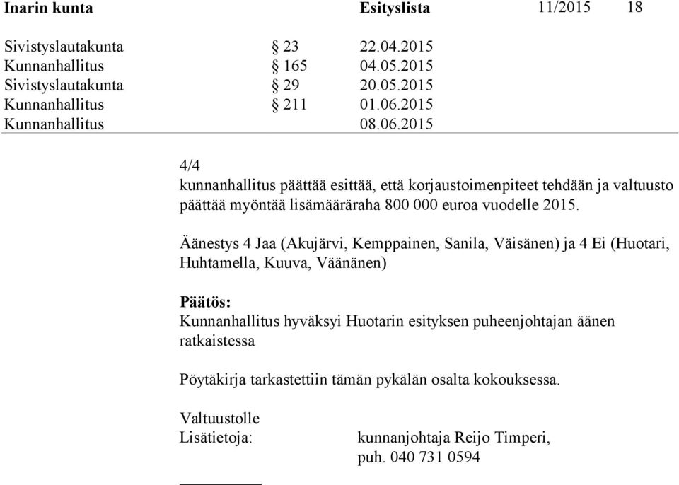 Äänestys 4 Jaa (Akujärvi, Kemppainen, Sanila, Väisänen) ja 4 Ei (Huotari, Huhtamella, Kuuva, Väänänen) Päätös: Kunnanhallitus hyväksyi Huotarin esityksen