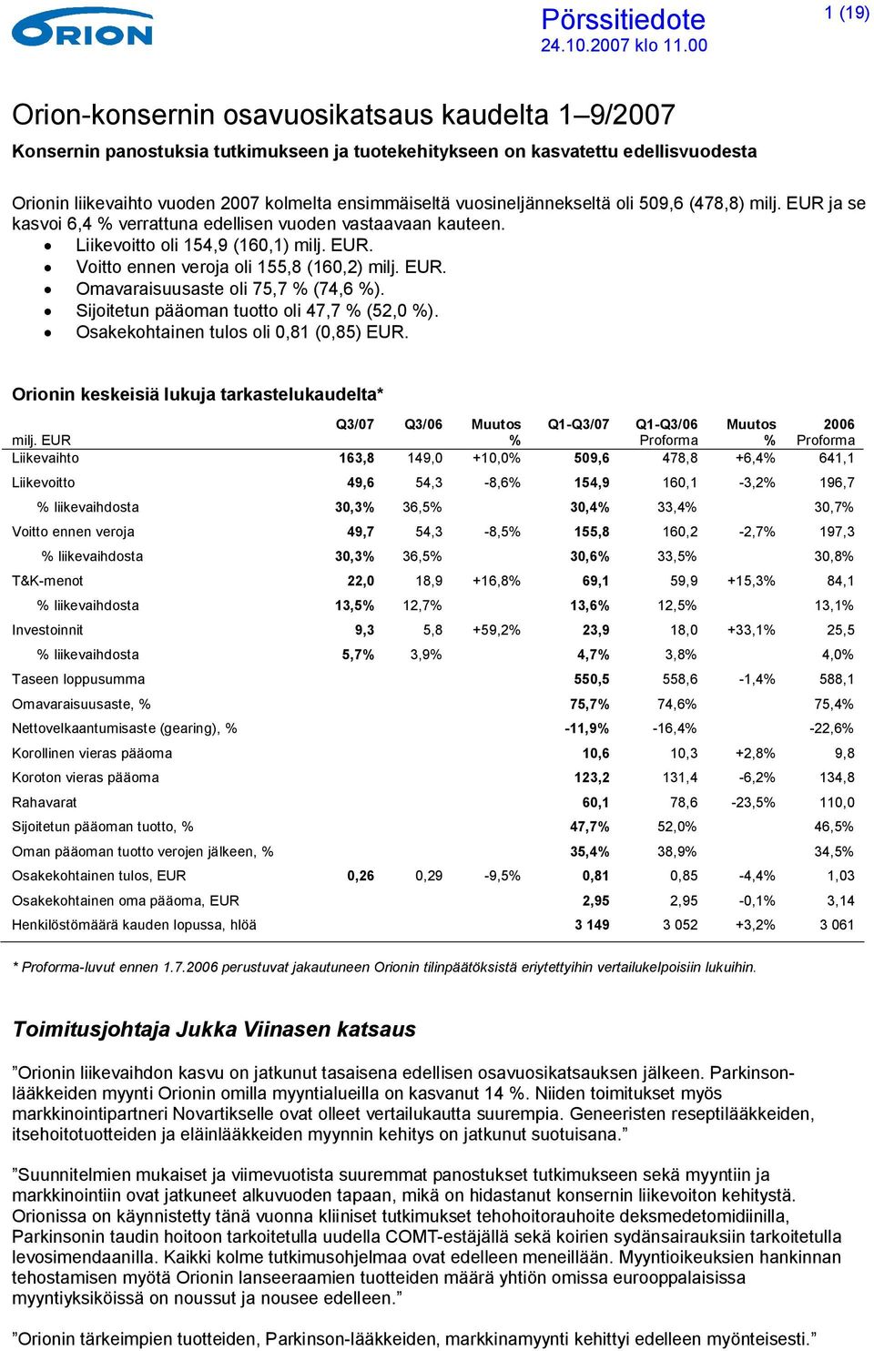 Omavaraisuusaste oli 75,7 % (74,6 %). Sijoitetun pääoman tuotto oli 47,7 % (52,0 %). Osakekohtainen tulos oli 0,81 (0,85) EUR.