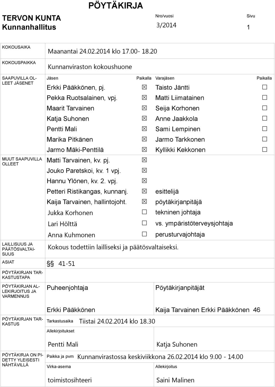 Paikalla Varajäsen Paikalla Erkki Pääkkönen, pj. Pekka Ruotsalainen, vpj. Maarit Tarvainen Katja Suhonen Pentti Mali Marika Pitkänen Jarmo Mäki-Penttilä Matti Tarvainen, kv. pj. Jouko Paretskoi, kv.