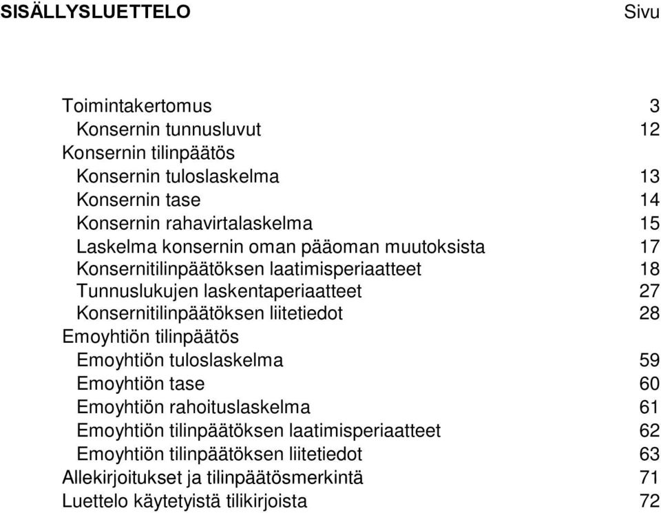 27 Konsernitilinpäätöksen liitetiedot 28 Emoyhtiön tilinpäätös Emoyhtiön tuloslaskelma 59 Emoyhtiön tase 60 Emoyhtiön rahoituslaskelma 61 Emoyhtiön