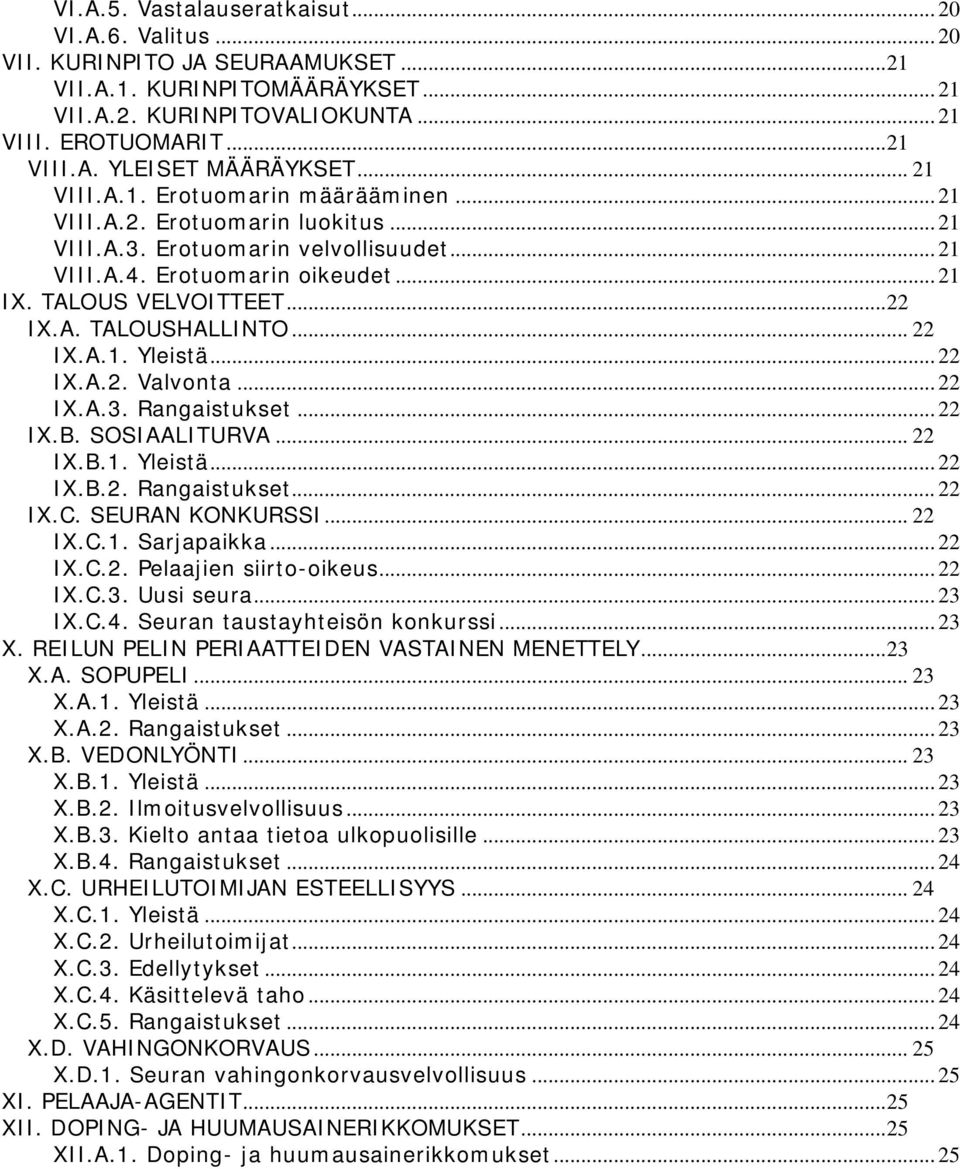 .. 22 IX.A.1. Yleistä... 22 IX.A.2. Valvonta... 22 IX.A.3. Rangaistukset... 22 IX.B. SOSIAALITURVA... 22 IX.B.1. Yleistä... 22 IX.B.2. Rangaistukset... 22 IX.C. SEURAN KONKURSSI... 22 IX.C.1. Sarjapaikka.