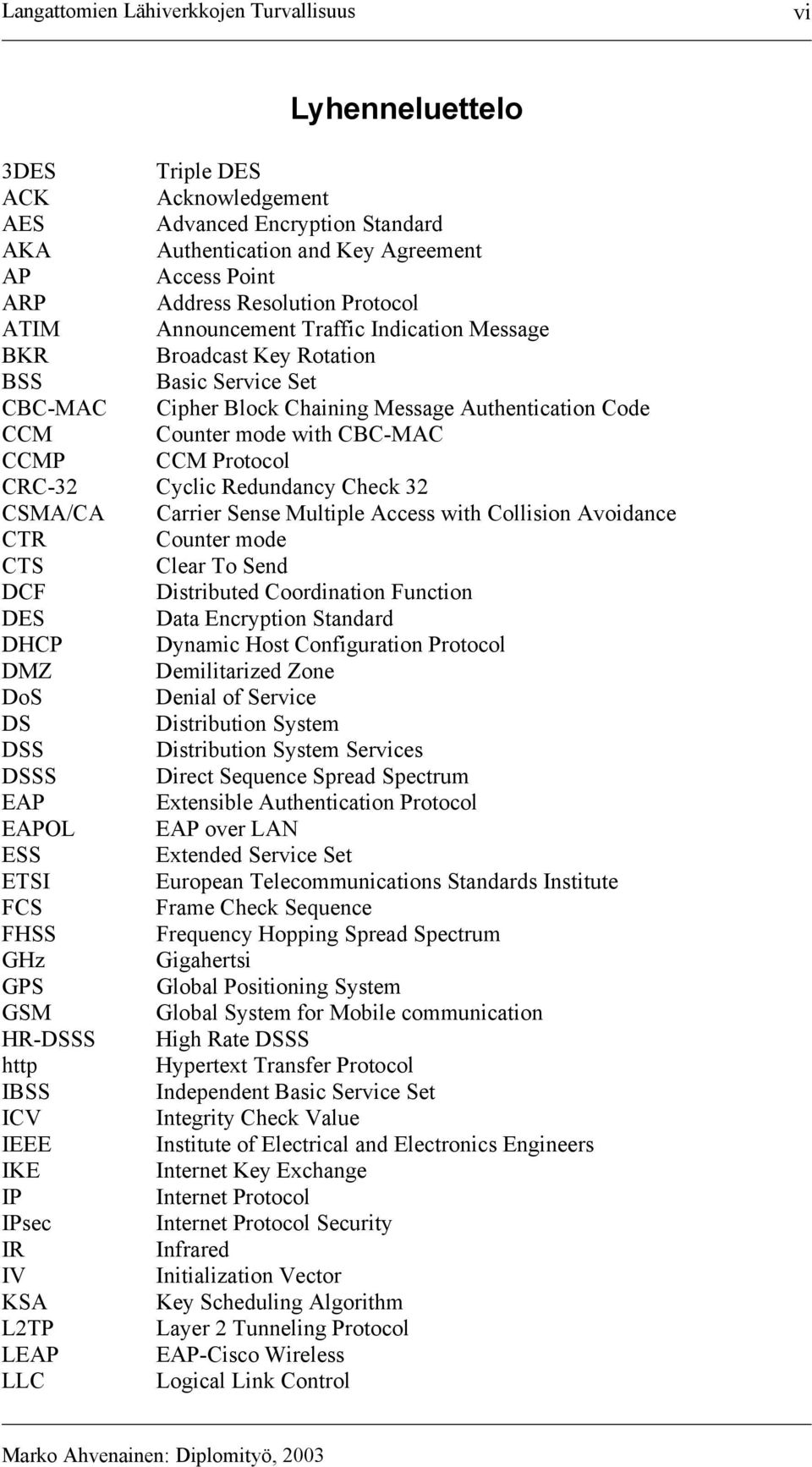 CBC-MAC CCMP CCM Protocol CRC-32 Cyclic Redundancy Check 32 CSMA/CA Carrier Sense Multiple Access with Collision Avoidance CTR Counter mode CTS Clear To Send DCF Distributed Coordination Function DES