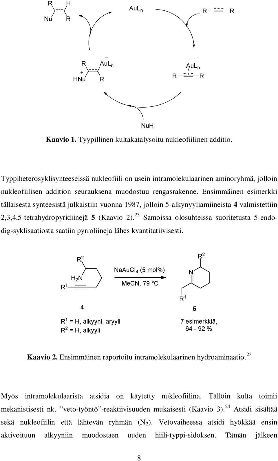 Ensimmäinen esimerkki tällaisesta synteesistä julkaistiin vuonna 1987, jolloin 5-alkynyyliamiineista 4 valmistettiin 2,3,4,5-tetrahydropyridiinejä 5 (Kaavio 2).