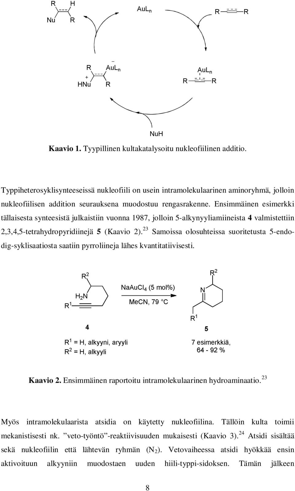 Ensimmäinen esimerkki tällaisesta synteesistä julkaistiin vuonna 1987, jolloin 5-alkynyyliamiineista 4 valmistettiin 2,3,4,5-tetrahydropyridiinejä 5 (Kaavio 2).