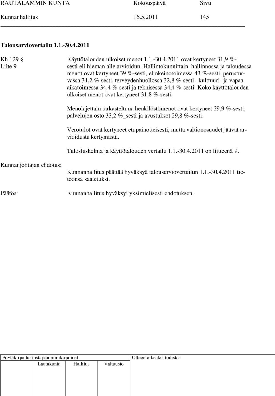 vapaaaikatoimessa 34,4 %-sesti ja teknisessä 34,4 %-sesti. Koko käyttötalouden ulkoiset menot ovat kertyneet 31,8 %-sesti.