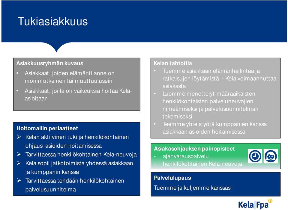 palvelusuunnitelma Kelan tahtotila Tuemme asiakkaan elämänhallintaa ja ratkaisujen löytämistä - Kela voimaannuttaa asiakasta Luomme menettelyt määräaikaisten henkilökohtaisten palveluneuvojien