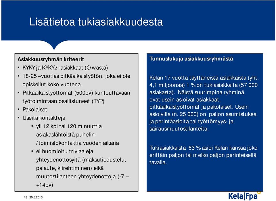 yhteydenottosyitä (maksutiedustelu, palaute, kiirehtiminen) eikä muutostilanteen yhteydenottoja (-7 +14pv) Tunnuslukuja asiakkuusryhmästä Kelan 17 vuotta täyttäneistä asiakkaista (yht.