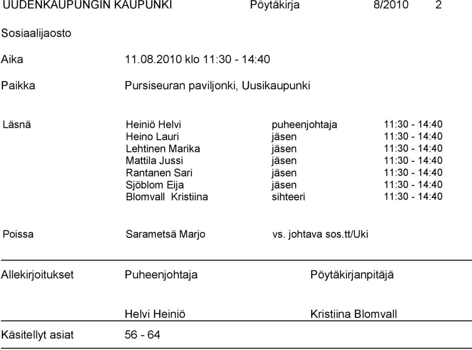 11:30-14:40 Lehtinen Marika jäsen 11:30-14:40 Mattila Jussi jäsen 11:30-14:40 Rantanen Sari jäsen 11:30-14:40 Sjöblom Eija jäsen