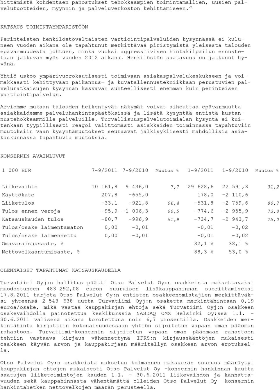 johtuen, minkä vuoksi aggressiivisen hintakilpailun ennustetaan jatkuvan myös vuoden 2012 aikana. Henkilöstön saatavuus on jatkunut hyvänä.