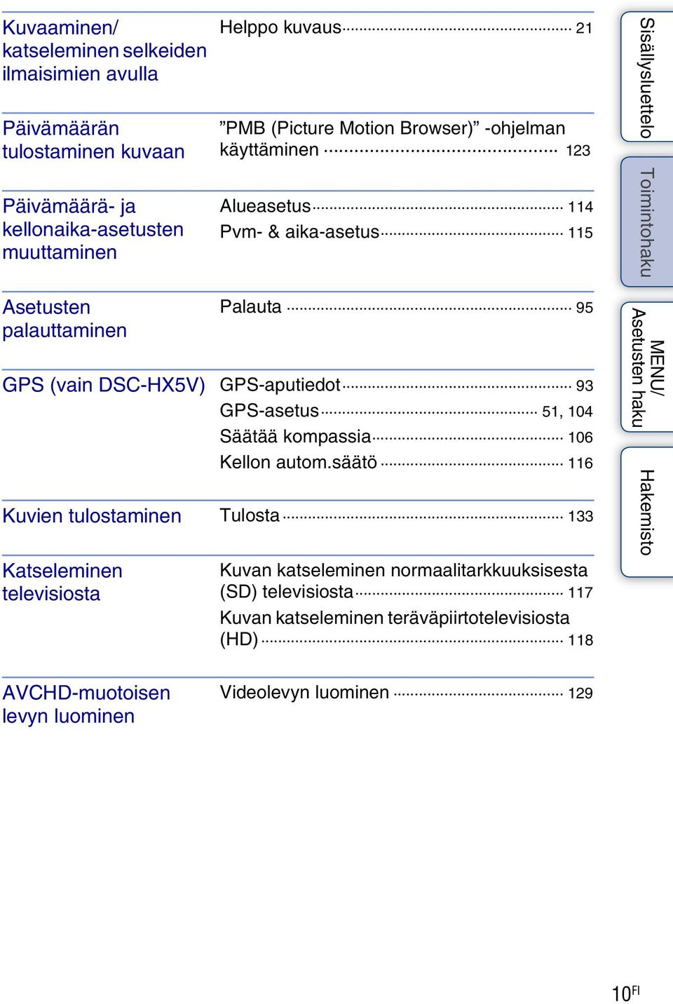 GPS-aputiedot 93 GPS-asetus 51, 104 Säätää kompassia 106 Kellon autom.