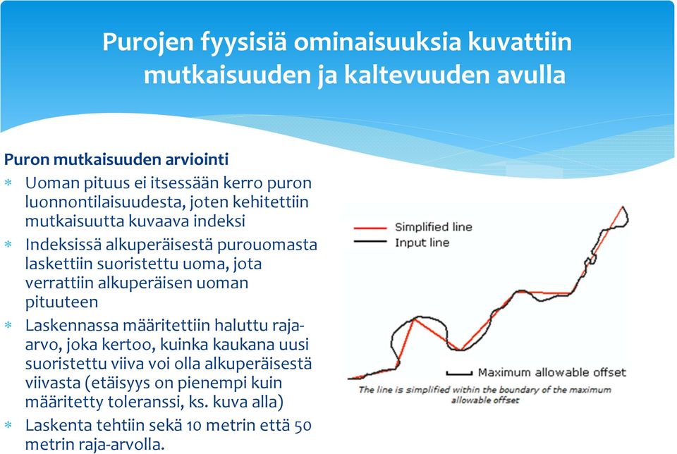 verrattiin alkuperäisen uoman pituuteen Laskennassa määritettiin haluttu rajaarvo, joka kertoo, kuinka kaukana uusi suoristettu viiva voi olla