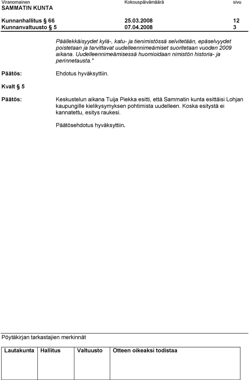 uudelleennimeämiset suoritetaan vuoden 2009 aikana. Uudelleennimeämisessä huomioidaan nimistön historia ja perinnetausta.